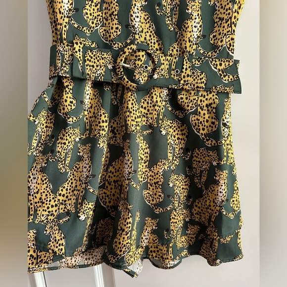 Lavender Brown silky Leopard print and green belted romper - Picture 3 of 8